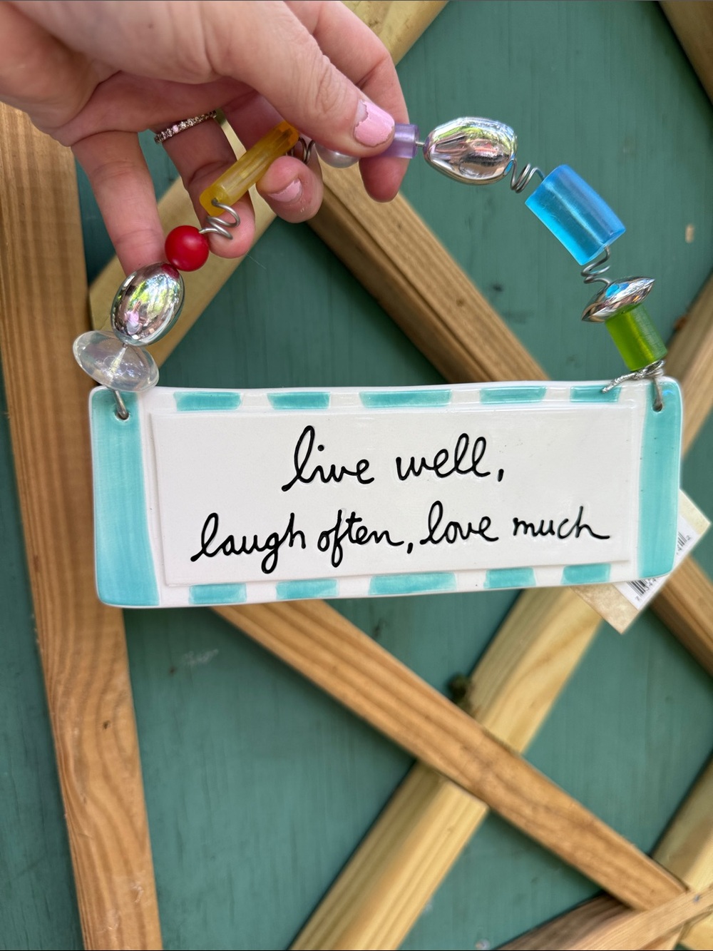 Department 56 Aqua and White "Live Well, Laugh Often, Love Much" Hanging Plaque